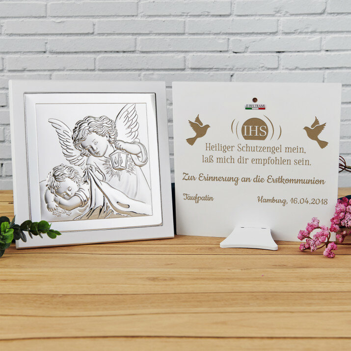 Heiliger Schutzengel - Engel mit Laterne - Silbernes Bild mit Gravur