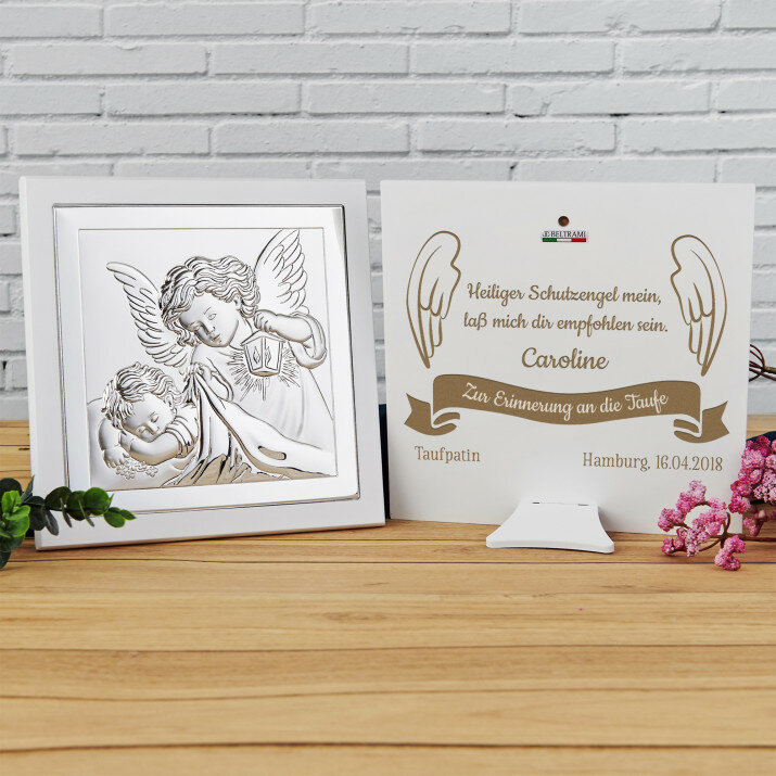 Heiliger Schutzengel 2 - Engel mit Laterne - Silbernes Bild mit Gravur