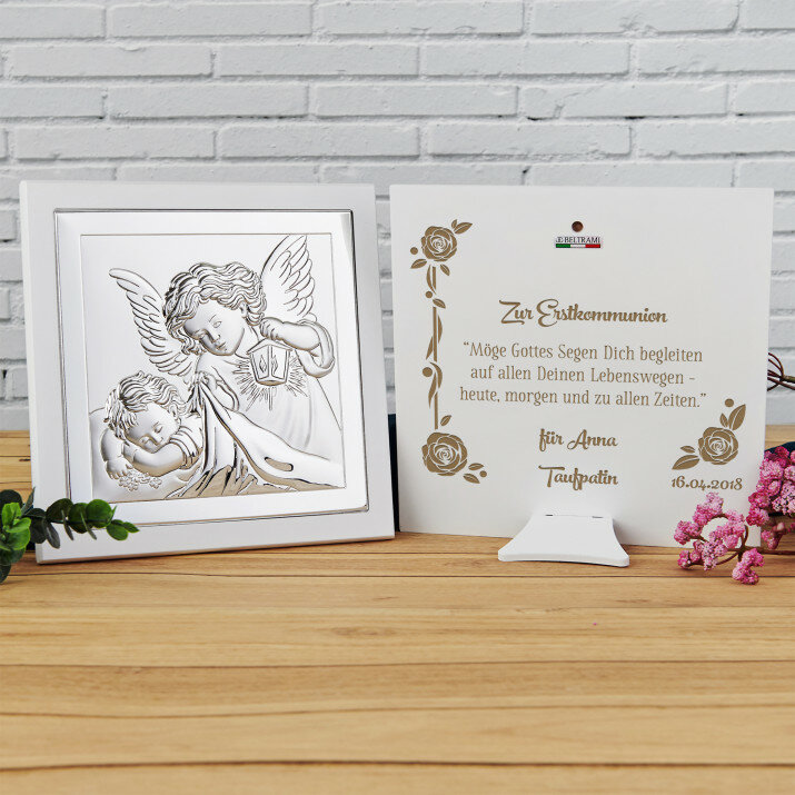 Gottes Segen - Engel mit Laterne - Silbernes Bild mit Gravur Gottes Segen - Engel mit Laterne - Silbernes Bild mit Gravur