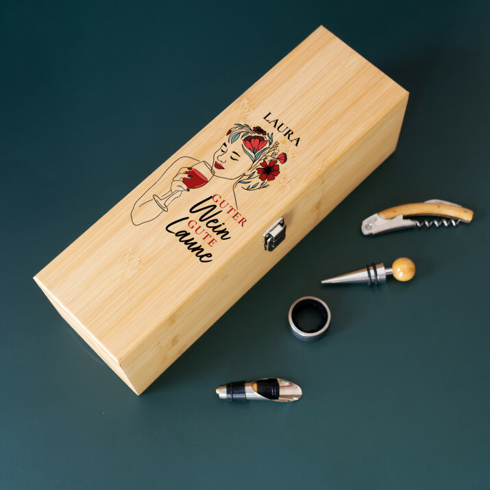 Guter Wein, gute Laune - Weinkiste mit Zubehör
