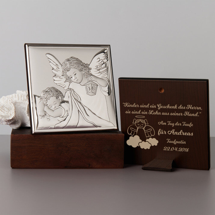 Geschenk des Herrn - Engel mit Laterne - Silbernes Bild mit Gravur