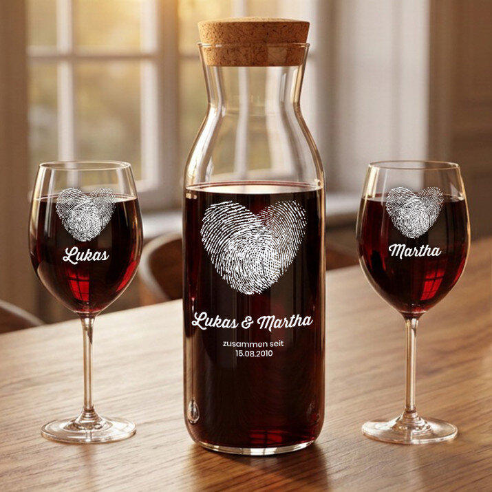 Fingerprints - Weinkaraffe und zwei Weingläser - Set mit Gravur