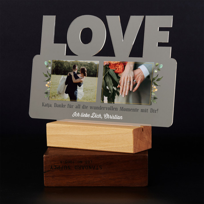Blätter - Druck auf Acrylglas mit LED Beleuchtung - Wort LOVE