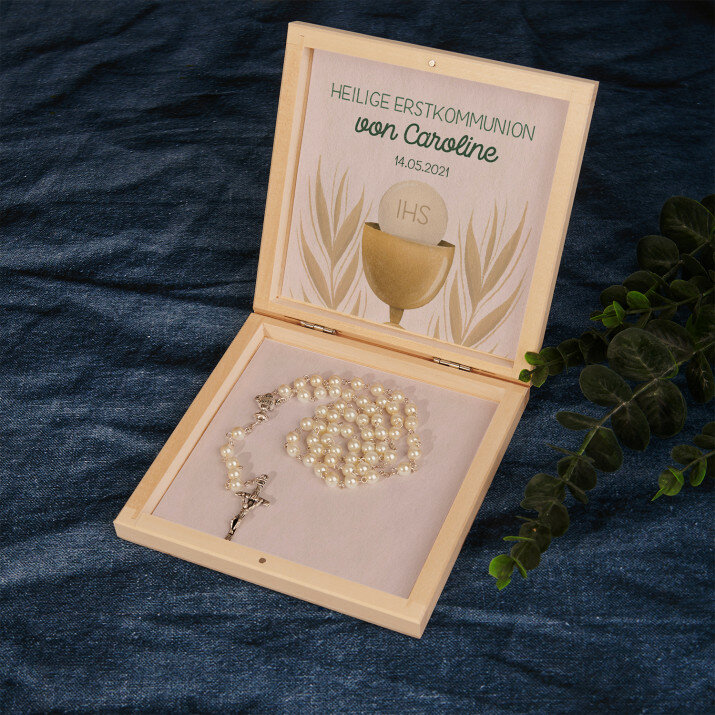1. Heilige Kommunion - Rosenkranz in Holzkiste 1. Heilige Kommunion - Rosenkranz in Holzkiste