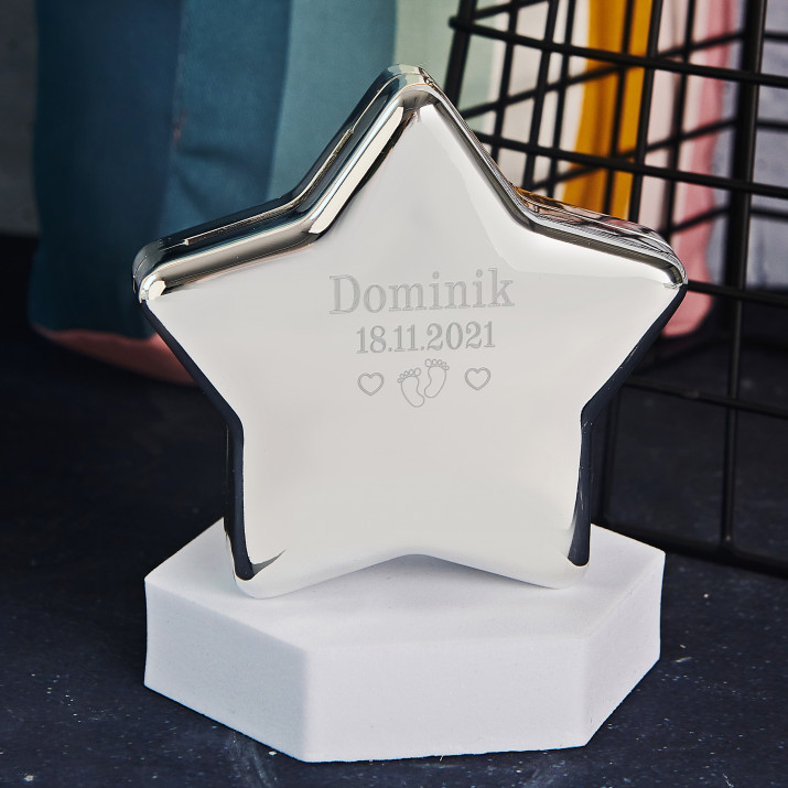 Name + Datum - versilberte Spardose Stern