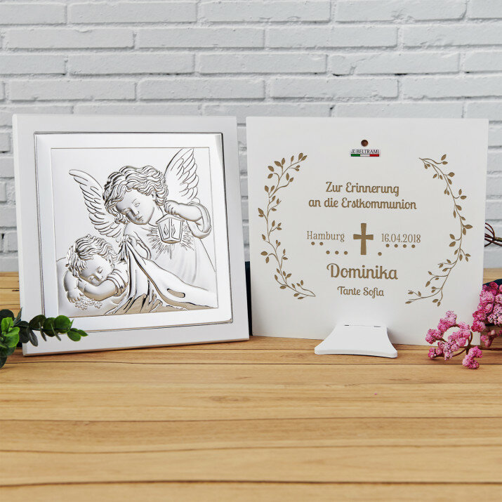Kommunion Kreuz - Engel mit Laterne - Silbernes Bild mit Gravur
