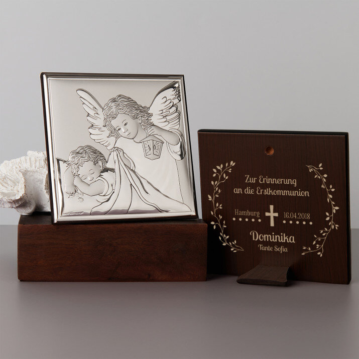 Kommunion Kreuz - Engel mit Laterne - Silbernes Bild mit Gravur Kommunion Kreuz - Engel mit Laterne - Silbernes Bild mit Gravur