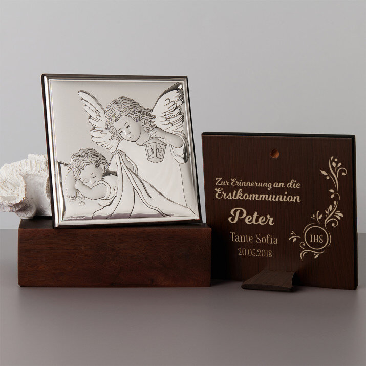 Erstkommunion - Engel mit Laterne - Silbernes Bild mit Gravur