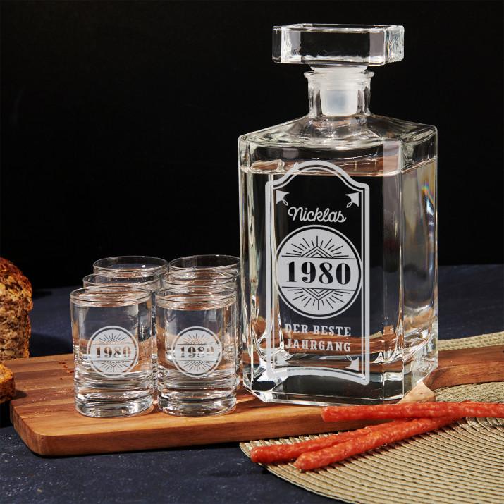 Bester Jahrgang - Karaffe und Schnapsgläser - Set mit Gravur