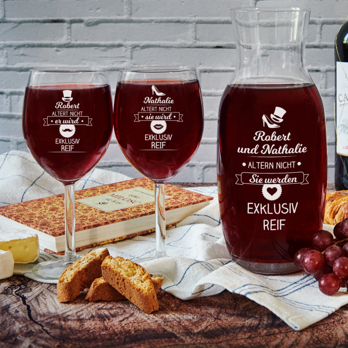 Altert nicht sie werden - Weinkaraffe und zwei Weingläser - Set mit Gravur