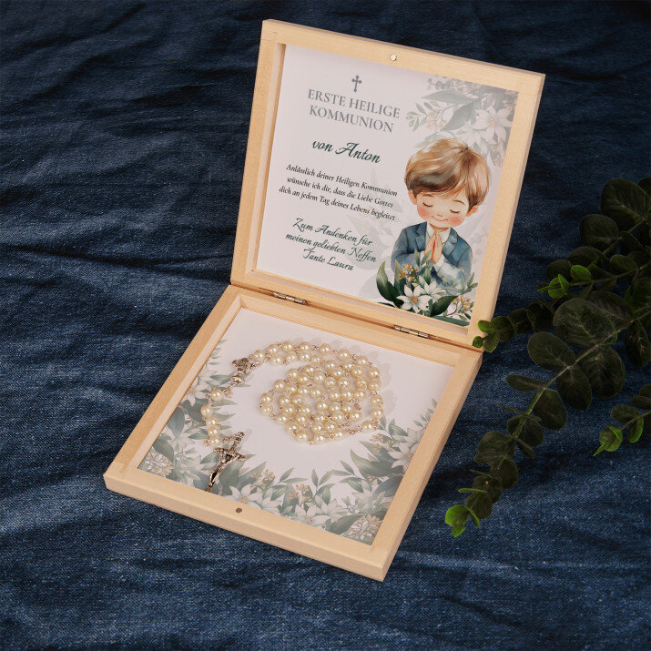 Erste Heilige Kommunion Gottes Liebe Junge - Rosenkranz in Holzkiste