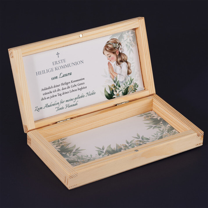 Erste Heilige Kommunion Göttliche Liebe Mädchen - Geldgeschenkbox aus Holz