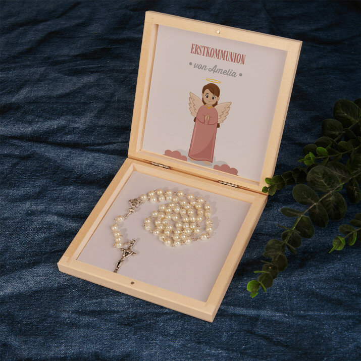 Erstkommunion kleines Mädchen Engel - Rosenkranz in Holzkiste