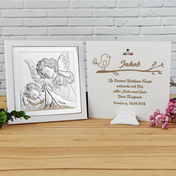 Heilige Taufe - Engel mit Laterne - Silbernes Bild mit Gravur