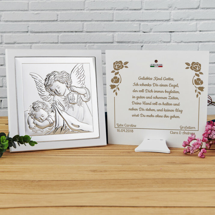 Geliebtes Kind Gottes - Engel mit Laterne - Silbernes Bild mit Gravur Geliebtes Kind Gottes - Engel mit Laterne - Silbernes Bild mit Gravur