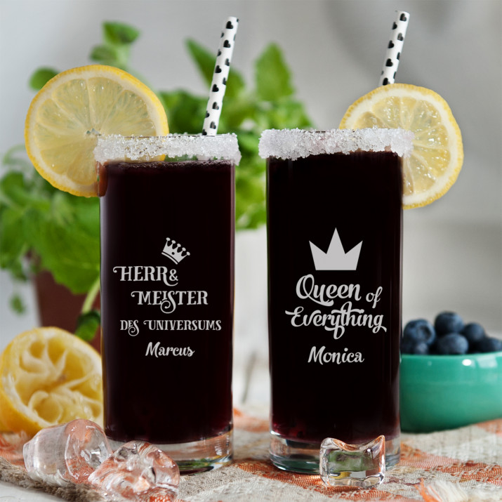 Herr & Queen - zwei Longdrinkgläser mit Gravur Herr & Queen - zwei Longdrinkgläser mit Gravur