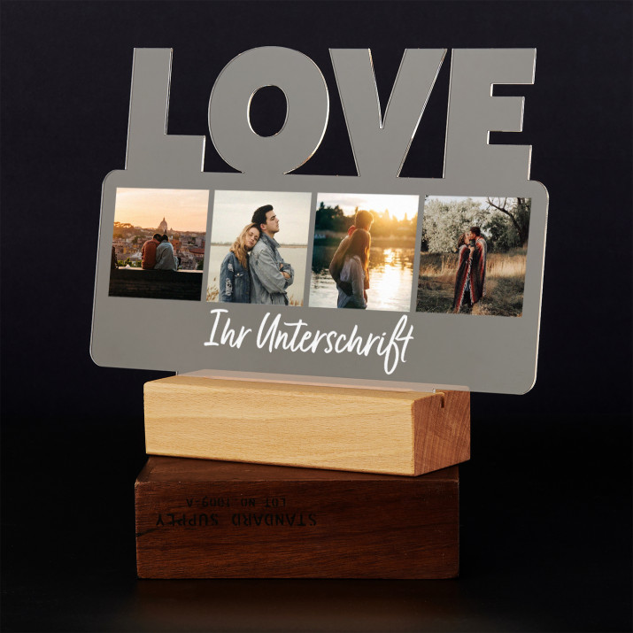 Fotos Unterschrift - Druck auf Acrylglas mit LED Beleuchtung - Wort LOVE