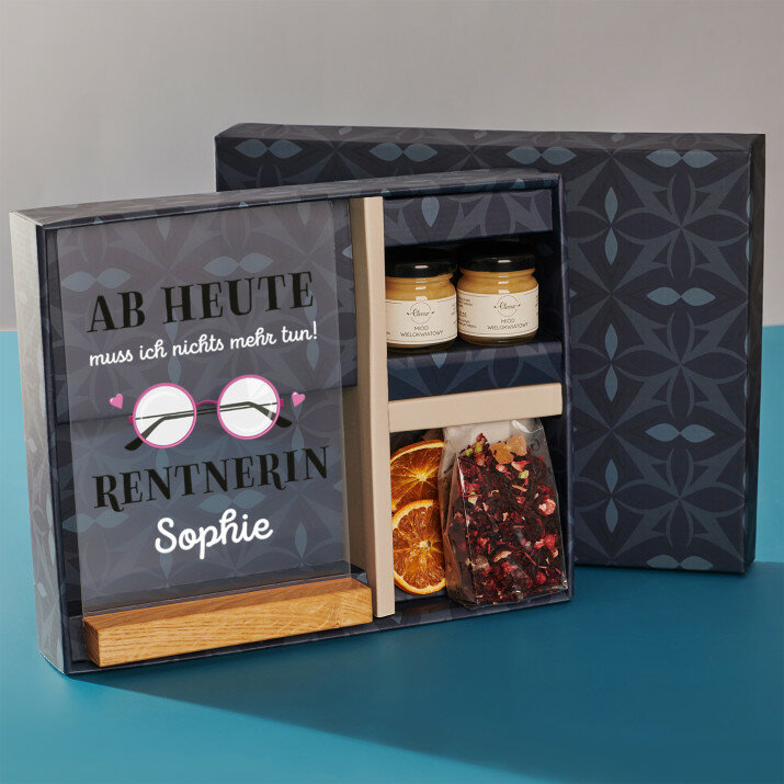 Geschenkset für Rentnerin mit Druck auf Acrylglas und Tee Geschenkset für Rentnerin mit Druck auf Acrylglas und Tee