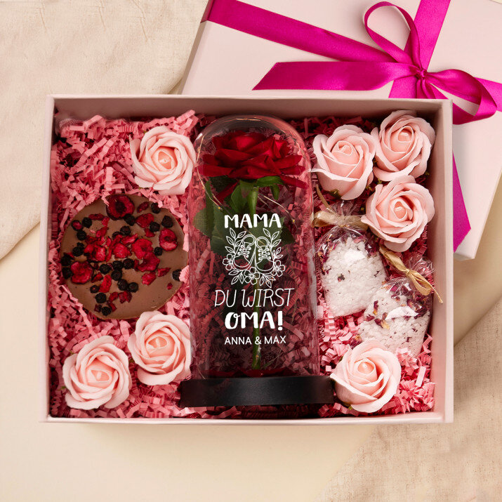 Geschenkset für die zukünftige Oma mit Ewiger Rose, Schokolade und Badesalz