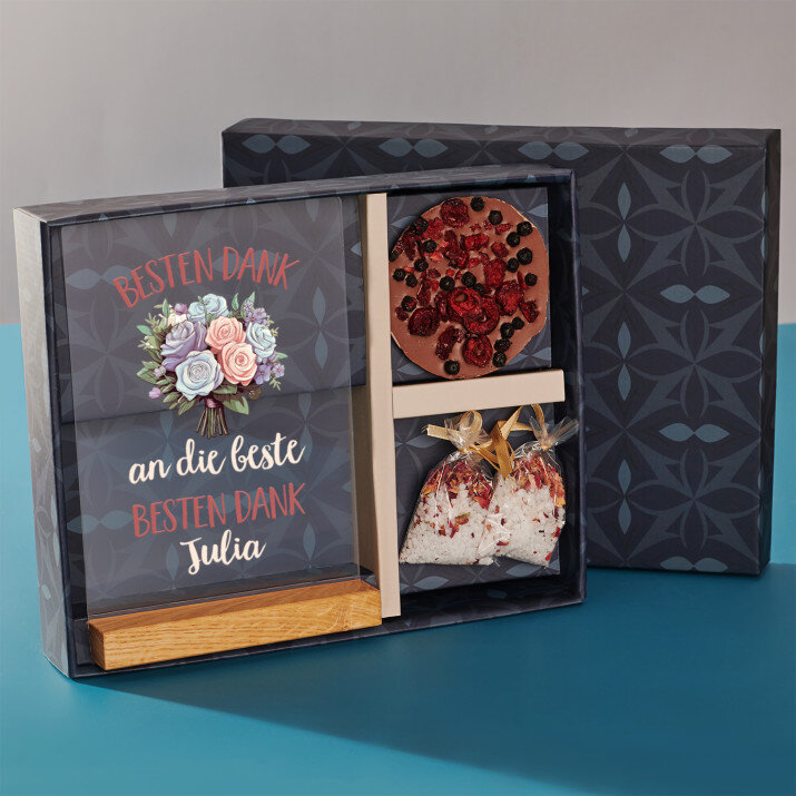 Geschenkset für Trauzeugin mit Druck auf Acrylglas und Badesalz