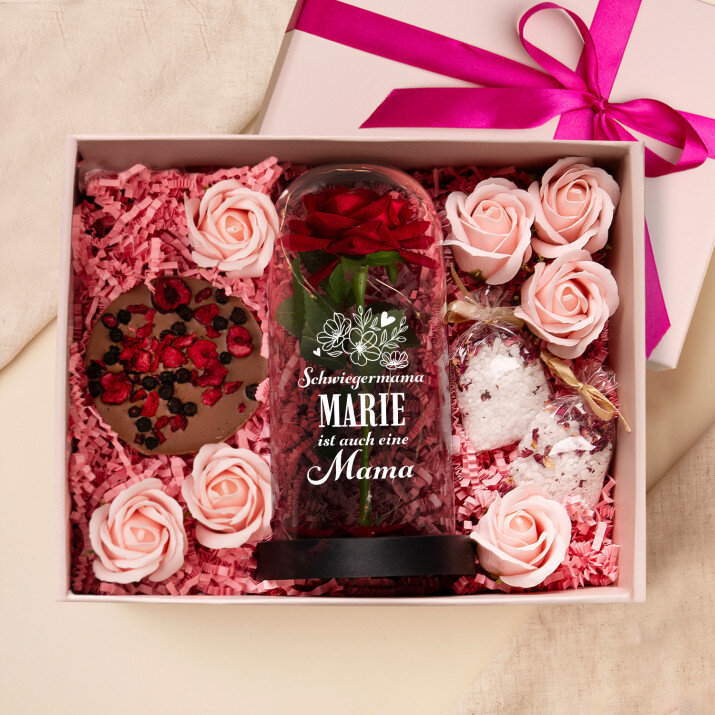 Geschenkset für die Schwiegermama mit Ewiger Rose, Schokolade und Badesalz