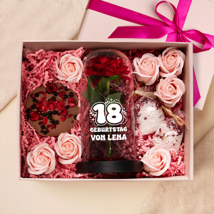 Geschenkset zum 18. Geburtstag mit Ewiger Rose, Schokolade und Badesalz Geschenkset zum 18. Geburtstag mit Ewiger Rose, Schokolade und Badesalz