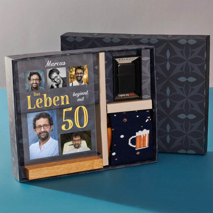 Geschenkset mit Druck auf Acrylglas und Feuerzeug zum 50. Geburtstag Geschenkset mit Druck auf Acrylglas und Feuerzeug zum 50. Geburtstag
