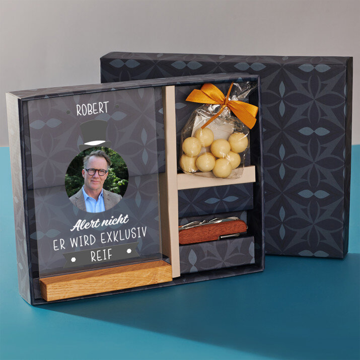 Geschenkset zum 60. Geburtstag mit Druck auf Acrylglas und Taschenmesser Geschenkset zum 60. Geburtstag mit Druck auf Acrylglas und Taschenmesser