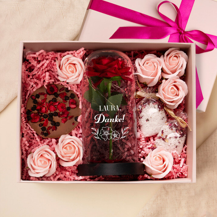 Geschenkset zum Dank mit Ewiger Rose, Schokolade und Badesalz